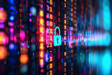 Poster - A blue padlock is surrounded by binary code