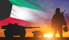 Silhouette Of A Soldier Saluting Against The Flag Of Kuwait. Concept Of National Muslim Holidays. Liberation Day, National Day. 3d Illustration