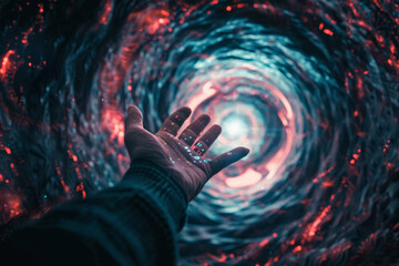 Poster - A person 's hand is reaching out into a galaxy