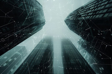 Poster - Looking up at a city skyline with a grid of lines and dots