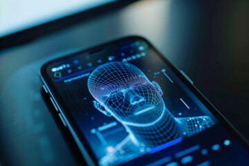 Poster - A cell phone displays a 3d model of a man 's face
