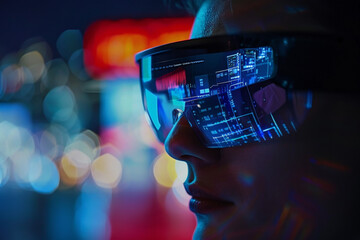 Poster - A woman wearing a pair of futuristic glasses with a screen that says ' your quality control performance ' on it