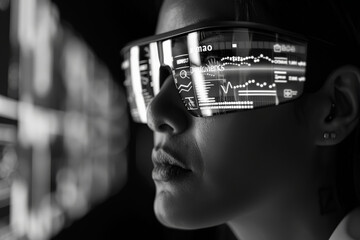 Poster - A woman wearing a pair of futuristic glasses displaying graphs and numbers
