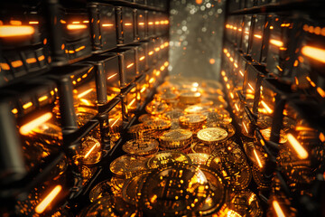 Poster - A bunch of gold coins with the word bitcoin on them