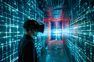 Poster - A man wearing a virtual reality headset in a hallway