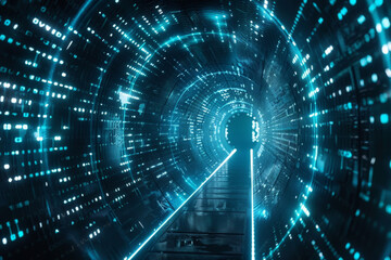 Poster - A futuristic tunnel with a blue light coming out of the end