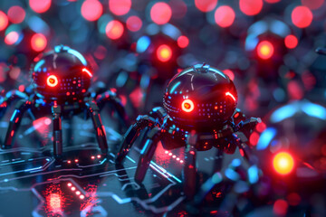 Poster - Two spiders with red eyes are sitting on a motherboard
