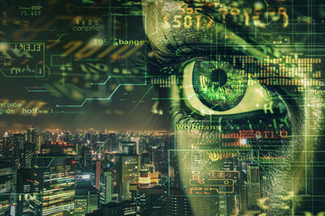 Poster - A digital image of a person 's eye with a city in the background