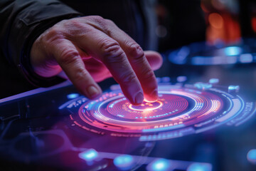 Poster - A person 's hand is pressing a button on a futuristic screen