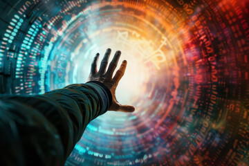 Poster - A person 's hand is reaching out into a digital tunnel