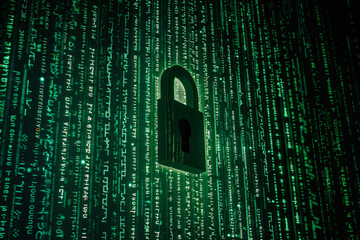Poster - A padlock is sitting in front of a green matrix background