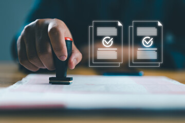 Poster - Businessman using rubber stamping on paper with correct sign mark symbol and electronic doc icon for document approve and project pass concept.