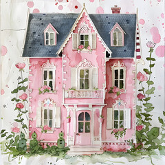 Wall Mural - Pink dollhouse watercolor painting