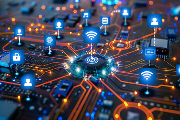 Poster - A circuit board with various icons connected to it