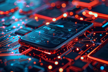 Poster - A cell phone is laying on top of a circuit board