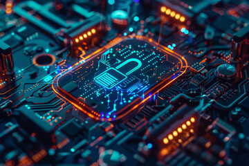 Poster - A circuit board with a padlock on it