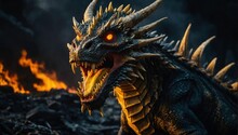 A Dragon With Yellow Eyes And Sharp Teeth Is Shown In A Dark, Fiery Environment. The Dragon Has Long Horns On Its Head And A Spiked Tail. It Appears To Be Roaring Or Breathing Fire As It Stands In The