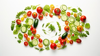 Wall Mural - Creative layout made of tomato, cucumber and salad leaves on the white background. Flat lay. Food concept.