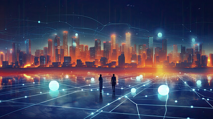 Poster - Futuristic Abstract Wireless Smart Digital City Illustration, Online Connectivity and Networking Concept