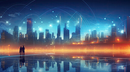 Poster - Futuristic Abstract Wireless Smart Digital City Illustration, Online Connectivity and Networking Concept