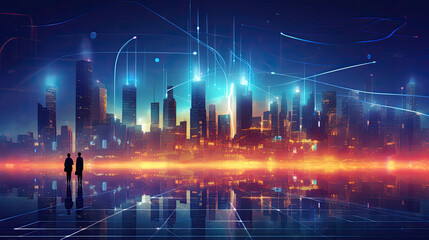 Poster - Futuristic Abstract Wireless Smart Digital City Illustration, Online Connectivity and Networking Concept
