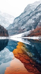  A breathtaking painting of a serene lake reflecting the vibrant colors of snow-capped mountains, surrounded by a majestic landscape with clear blue skies and fluffy white clouds.