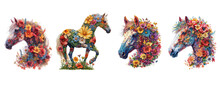 Horse Made Of Flowers Water Painting Vintage Vivid Colors