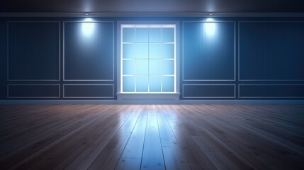 Wall Mural - wood floor with dark black wall with blue lighting