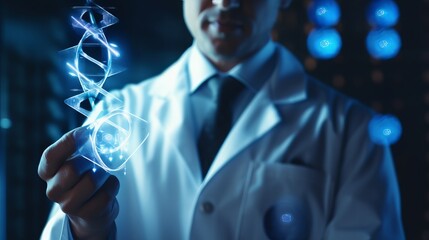 Wall Mural - Medicine doctor holding blue helix DNA structure on hologram modern virtual screen interface and diagnose  healthcare on digital network, Science, Medical technology and futuristic concept.