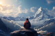 Young Woman Sitting on Mountain Peak, Gazing at the Horizon under Blue Sky. Winter Snowy Mountain Landscape Background