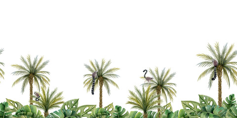  Lemurs monkeys on palm trees, tropical leaves and bushes horizontal seamless border with jungle forest nature and exotic plants isolated on white background
