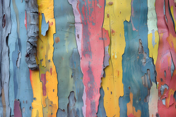  Rainbow eucalyptus bark texture background close up. Blue Pink Yellow colorful bark.