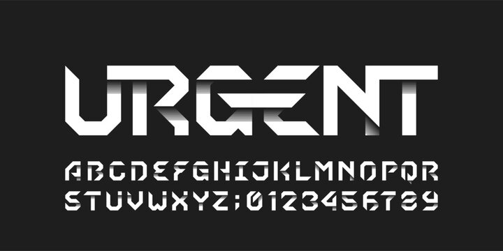 Urgent alphabet font. Futuristic geometric letters and arabic numerals. Suitable for logos. Vector illustration for your typography design.