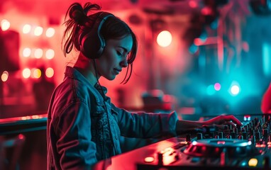 Cool young girl DJ mixes music on a mixing console and headphones, in stylish clothes, a neon background.