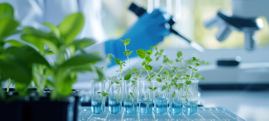Poster - Plants in lab tube. Science laboratory experiments analysis and genetic engineering study.