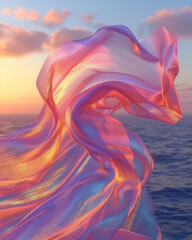 Poster - 3D abstract silk cloth 3D futuristic cyberpunk hyper realism detailed isolated on sunset sky, colorful reflective holographic flow silk gold iridescence glowing on landscape background.