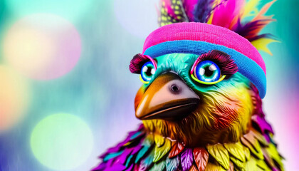 A close-up image of a whimsical, colorful retro bird's face wearing 80s fitness fashion accessories, including a neon headband and vibrant eye makeup