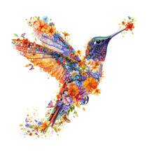 Hummingbird Made Of Flowers Water Painting Vintage Vivid Colors
