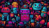 Fototapeta  - colorful hand drawn robots and technology doodles Background, Generative AI