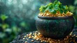 A rustic pot brimming with gold coins and clover leaves, symbolizing luck and wealth for Saint Patrick's Day. Vibrant green bokeh background