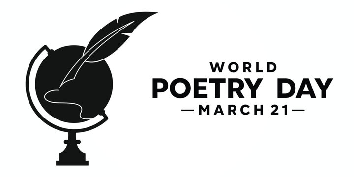World Poetry Day. Globe silhouette and eather pen. cards, banners, posters, social media and more. White background.