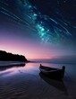 Boat on the beach in the night wallpaper background landscape boating wallpaper with dreamy look. Generative AI