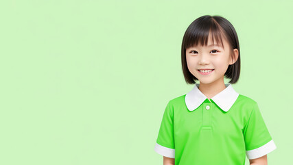 Portrait of a cute Asian girl with short hair wearing a t-shirt on a green background