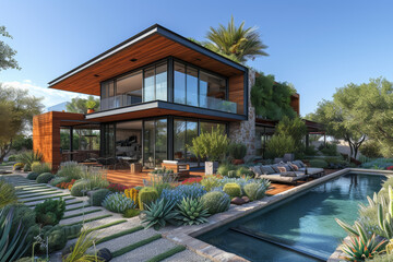 Poster - a home incorporating recycled steel elements in construction, showcasing a commitment to sustainable