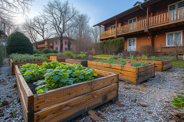 Wall Mural - A community garden tended to by residents, fostering a shared sense of responsibility for sustainable and locally sourced produce. Concept of communal gardening. Generative Ai.