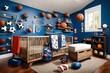 A sports-themed baby room with athletic gear decor, sports equipment motifs, and vibrant colors. A playful and energetic space for a future sports enthusiast