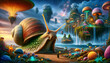 An ethereal fantasy landscape with a giant snail in the foreground and floating islands with glowing mushrooms and a starry sky in the background.Storybook illustration concept.AI generated.