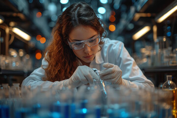 Poster - A woman scientist conducting experiments in a laboratory, contributing to advancements in scientific research and discovery. Concept of scientific exploration. Generative Ai.