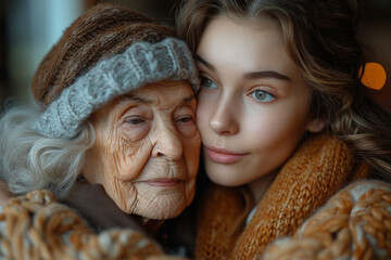 Canvas Print - A woman embracing the role of a caregiver, providing love and support to an elderly family member. Concept of intergenerational bonds. Generative Ai.