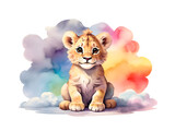 Fototapeta Dziecięca - Watercolor painting of a cute little lion sitting on colourful rainbow cloud, isolated on transparent background. Safari animal illustration for design, greeting card, template, artwork, wallpaper